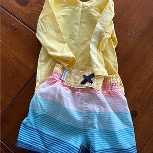 RuggedButts Yellow Rash Guard & Blue Ombre Stripe Swim Shorts Set